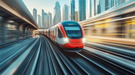 A high-speed electric train in motion on an elevated track, with a city skyline in the background, emphasizing the train's speed and efficiency.の素材