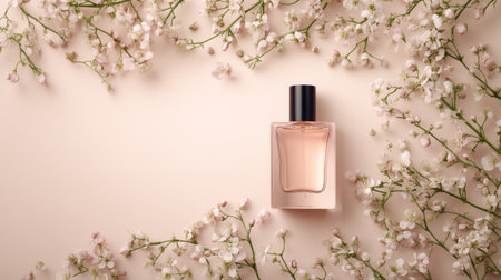 A high-resolution image of a perfume bottle with a modern, minimalist design, surrounded by delicate flowers and a soft, neutral background.の素材