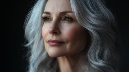 A high-resolution portrait of a 50-year-old woman with silver hair and a warm expression, highlighting her wisdom and elegance with a natural, unfiltered look.の素材