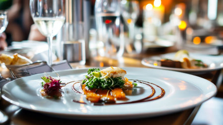 A high-angle view of a beautifully arranged plate of gourmet food, with an artful presentation of various dishes and garnishes, set on a stylish dining table.の素材