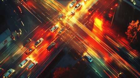 A high-angle view of a traffic light and the surrounding road, showing the flow of traffic and the light's effect on vehicle movement.の素材