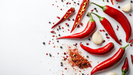 A high-resolution image of fresh chili peppers, both whole and sliced, with scattered seasoning ingredients such as garlic powder and paprika, on a clean white background.の素材