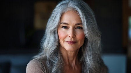 A high-resolution portrait of a 50-year-old woman with silver hair and a warm expression, highlighting her wisdom and elegance with a natural, unfiltered look.の素材