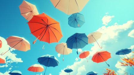 A playful image of multiple umbrellas floating in the sky, creating a whimsical and imaginative scene with a bright blue background.の素材