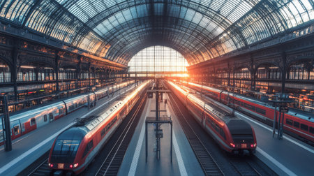 A panoramic view of an electric train station with multiple platforms and trains, showcasing the scale and modern architecture of the facility.の素材