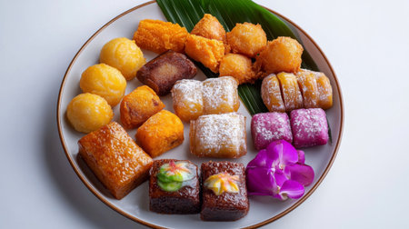 A plate of assorted Thai sweets, including traditional items like Toddy Palm Cake and Banana Fritters, beautifully arranged and photographed against a white backdrop for a clean and appetizing look.の素材