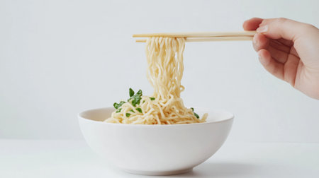 A person enjoying a bowl of noodles, with a pair of chopsticks in hand, with a clean white background emphasizing the simplicity and pleasure of the meal.の素材