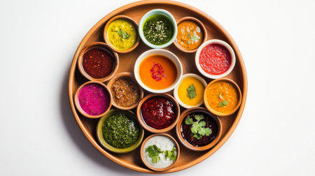 A plate of colorful Indian chutneys in small bowls, laid out on a white background, highlighting the variety of flavors and textures.の素材