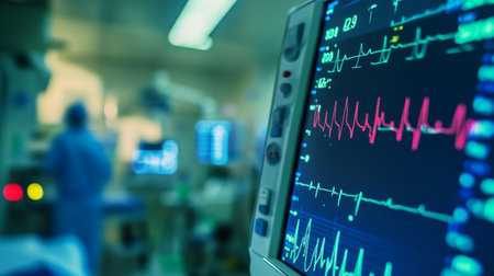 A patient heart rate being monitored with ECG electrodes attached to their chest, showing the live heart rate waveform on a monitor in a hospital setting.の素材