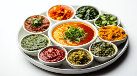 A plate of colorful Indian chutneys in small bowls, laid out on a white background, highlighting the variety of flavors and textures.の素材