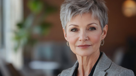 A portrait of a 50-year-old woman with short, styled hair and a sophisticated look, emphasizing her poise and self-assuredness with a professional setting in the backgroundの素材