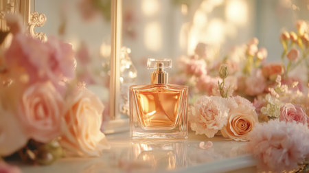 A romantic scene with a vintage perfume bottle on a beautifully arranged vanity with soft, pastel-colored flowers and a dreamy, blurred background.の素材