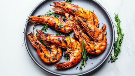A plate of perfectly grilled prawns, beautifully charred and garnished with fresh herbs, set on a white background for an appetizing presentation.の素材