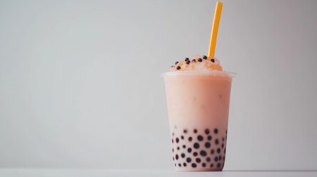 A refreshing bubble tea with a vibrant straw and pearls, captured in a simple, elegant way on a white background for a minimalist presentation.の素材