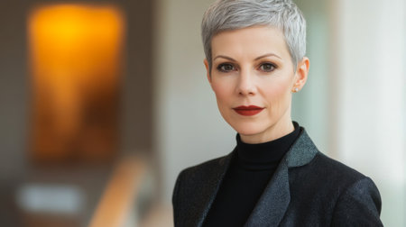 A portrait of a 50-year-old woman with short, styled hair and a sophisticated look, emphasizing her poise and self-assuredness with a professional setting in the backgroundの素材