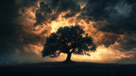A silhouette of a lone tree with a sprawling canopy, set against a dramatic, stormy sky, emphasizing the strength and solitude of the tree in the landscape.の素材