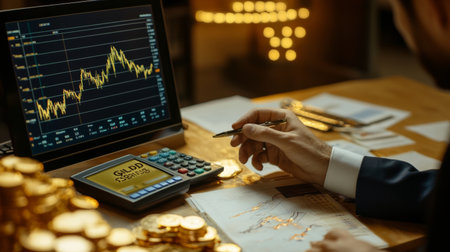 A professional looking at a digital screen with a gold price chart displayed, surrounded by financial documents and a calculator, capturing the analysis of precious metal investments.の素材