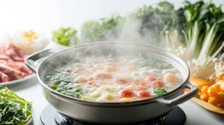 A steaming hot pot filled with shabu broth, surrounded by fresh ingredients, all set against a clean white background.の素材