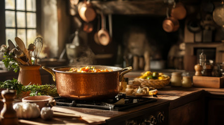 A rustic kitchen with a large, copper-bottomed pot on the stove, filled with a hearty stew, surrounded by fresh ingredients and cooking utensils.の素材
