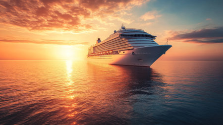 A serene image of a cruise ship at sunset, with the warm glow of the setting sun reflecting off the ship surface and casting a golden hue across the calm ocean.の素材
