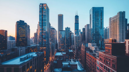 A skyline shot of a city with a mix of historic and contemporary high-rise buildings, highlighting the contrast between old and new architecture.の素材
