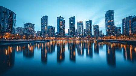 A shot of a modern city skyline at dusk, with buildings illuminated in shades of blue, reflecting in the calm waters of a river running through the city.の素材