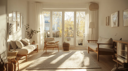 A Scandinavian-style living room with light wood furniture, a cozy rug, and natural light flooding in, creating a bright and airy feel.の素材
