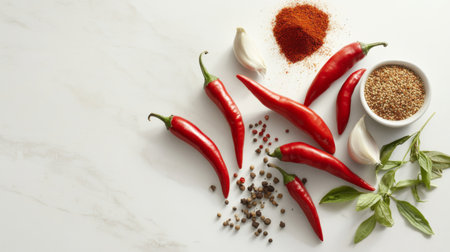 A stylish arrangement of chili peppers and an assortment of seasonings like cumin seeds and paprika, neatly organized on a white surface for a clean, modern look.の素材