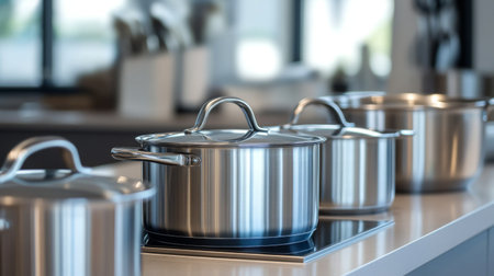 A set of stainless steel pots and pans neatly arranged on a modern kitchen countertop, showcasing their sleek design and high-quality finish.の素材