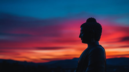 A silhouette of a Buddha statue against a vibrant sunset sky, highlighting the peaceful and serene shape of the statue with warm, glowing colors in the background.の素材