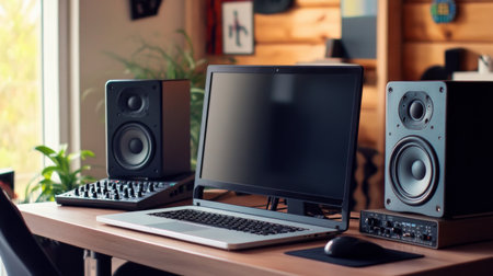 A studio monitor speaker on a desk, with a laptop and audio equipment, capturing the essence of a professional home studio setup.の素材