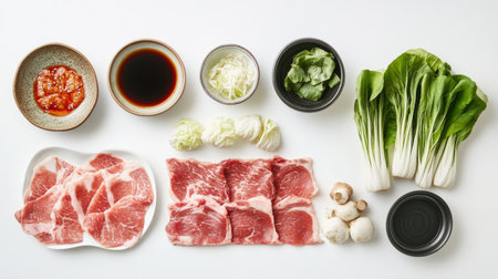 A set of fresh ingredients for shabu, including thinly sliced meat, vegetables, and dipping sauces, arranged neatly on a white background.の素材
