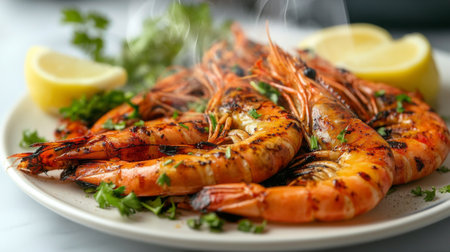 A steaming hot plate of grilled prawns with a rich, smoky flavor, presented on a white background with a garnish of fresh herbs and lemon wedges.の素材