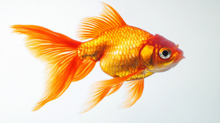 A single goldfish swimming gracefully against a pure white background, with its vibrant orange scales shimmering in the light, creating a clean and striking contrast.の素材