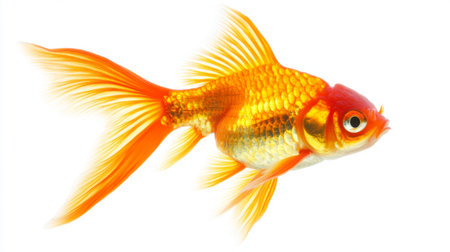 A side view of a goldfish, with its tail elegantly flowing and fins extended, captured against a clean white background, emphasizing its natural beauty.の素材