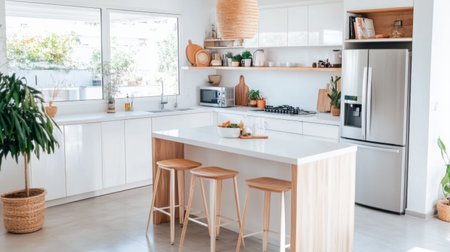 A stylish Nordic kitchen featuring white cabinetry, a minimalist island, and natural wood accents, with plenty of light and a clutter-free design.の素材