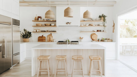 A stylish Nordic kitchen featuring white cabinetry, a minimalist island, and natural wood accents, with plenty of light and a clutter-free design.の素材