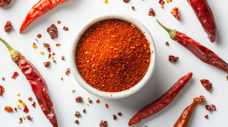 A top-down view of a white bowl filled with chili pepper powder, surrounded by fresh and dried chili peppers, with a clean white background highlighting the ingredients.の素材