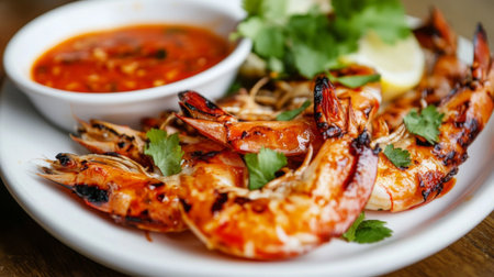 A vibrant and appetizing image of grilled prawns with a glossy glaze, served on a white plate with a side of spicy sauce and garnished with cilantro.の素材