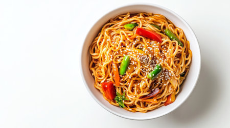 A top-down view of a bowl of noodles with a rich and colorful sauce, garnished with sesame seeds and sliced vegetables, against a pure white background.の素材
