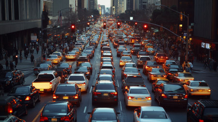 A traffic jam in a downtown area, with rows of cars stuck in gridlock, showing the challenges of urban transportation and the density of city life.の素材