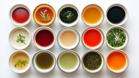 A variety of dipping sauces in small bowls, arranged around a shabu hot pot, all set on a white background to emphasize the colorful presentation.の素材