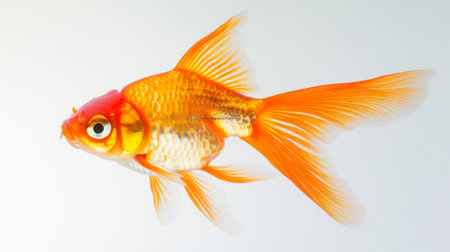 A top-down view of a goldfish swimming calmly in clear water, with a white background highlighting the delicate details of its fins and scales.の素材