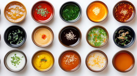 A variety of dipping sauces in small bowls, arranged around a shabu hot pot, all set on a white background to emphasize the colorful presentation.の素材
