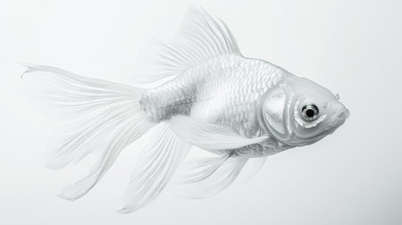 A top-down view of a goldfish swimming calmly in clear water, with a white background highlighting the delicate details of its fins and scales.の素材