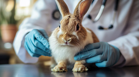 A veterinarian performing a physical examination on a rabbit, with a focus on the hands-on care and attention given to small pets in a professional setting.の素材