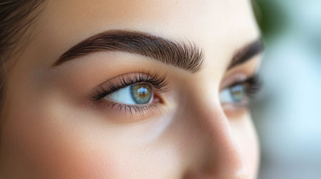 A woman with freshly shaped eyebrows, showing the precision and definition achieved with eyebrow wax or tint, captured with a focus on her facial features in a modern environment.の素材
