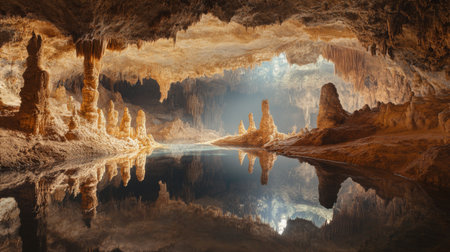 A tranquil underground lake within a cave, reflecting the surrounding rock formations and illuminated by soft, natural light from above.の素材