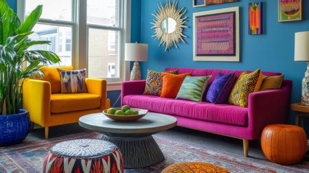 A vibrant living room with bold, colorful furniture, eclectic decor, and a mix of textures, offering a lively and energetic space.の素材
