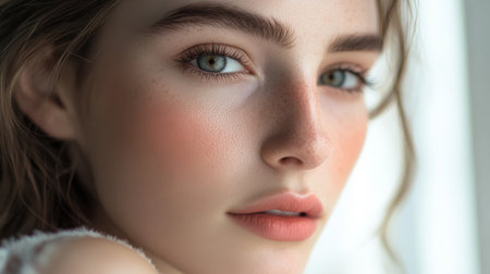 A woman with a fresh, natural makeup look, with light foundation, subtle blush, and glossed lips, captured in a natural light setting to emphasize the effortless beauty.の素材